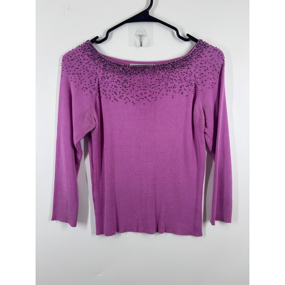 Joseph A Purple 100% Silk Beaded Boat Neck Long Sleeve Knit Top M